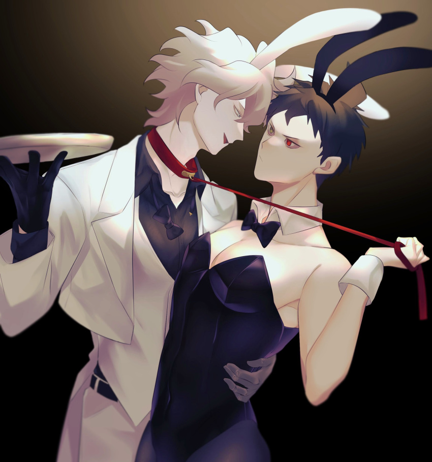 2boys absurdres ahoge alternate_costume alternate_pectoral_size animal_collar animal_ears bare_shoulders belt black_belt black_bow black_bowtie black_gloves black_leotard black_shirt bochi_(jyaku_s) bow bowtie brown_eyes brown_hair collar collarbone danganronpa_(series) danganronpa_2:_goodbye_despair detached_collar eye_contact gloves hand_up heterochromia highres hinata_hajime holding holding_tray jacket komaeda_nagito leash leotard looking_at_another male_focus male_playboy_bunny multiple_boys pants pantyhose pectoral_cleavage pectorals rabbit_ears red_eyes shirt short_hair tray vest white_jacket white_pants white_vest wrist_cuffs yaoi