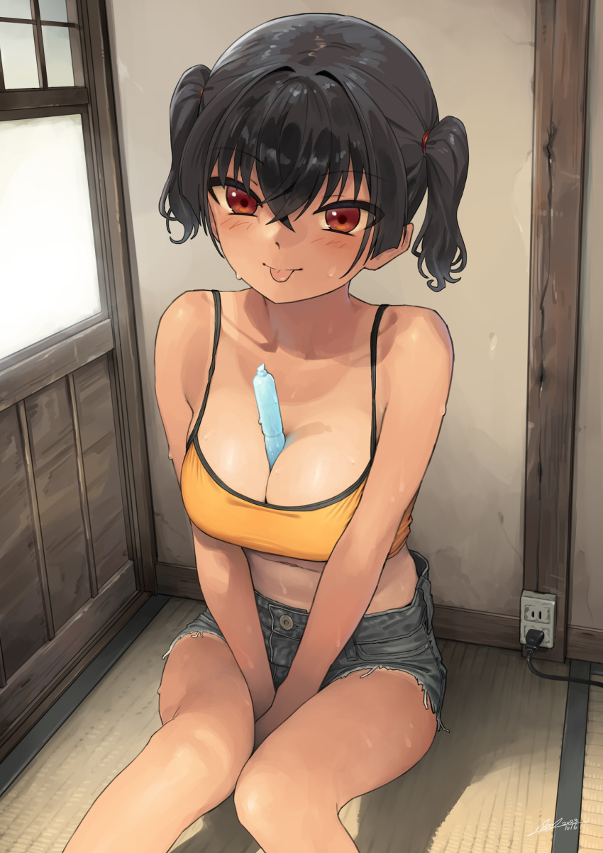 1girl :p between_breasts black_hair blush breasts camisole cleavage collarbone commentary_request dated denim denim_shorts food gaki_kyonyuu grey_shorts hair_between_eyes highres kaedeko_(kaedelic) large_breasts looking_at_viewer midriff navel one-piece_tan oppai_loli popsicle red_eyes sasaki_kanna_(kaedeko) short_hair shorts signature sitting solo sweat sweatdrop tan tanlines tongue tongue_out twintails yellow_camisole