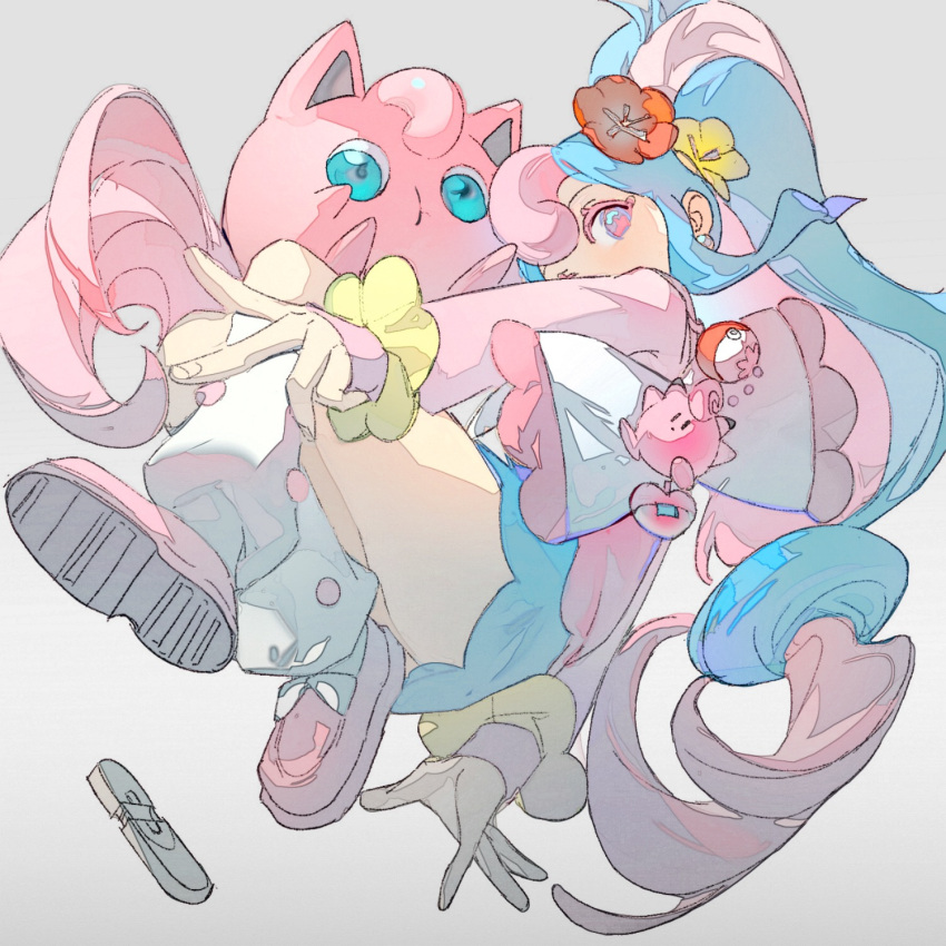 1girl bag_charm baofandxy blue_eyes blue_hair blue_skirt charm_(object) colored_eyelashes curly_hair fairy_miku_(project_voltage) flower from_below full_body grey_background hair_flower hair_ornament hatsune_miku highres jigglypuff long_hair long_sleeves looking_at_viewer loose_socks miniskirt multicolored_hair pink_footwear pink_hair pink_sweater pokemon pokemon_(creature) project_voltage red_flower scrunchie shoe_soles shoes sidelocks sitting skirt socks sweater twintails two-tone_hair very_long_hair vocaloid white_bag white_socks wrist_scrunchie yellow_flower yellow_scrunchie