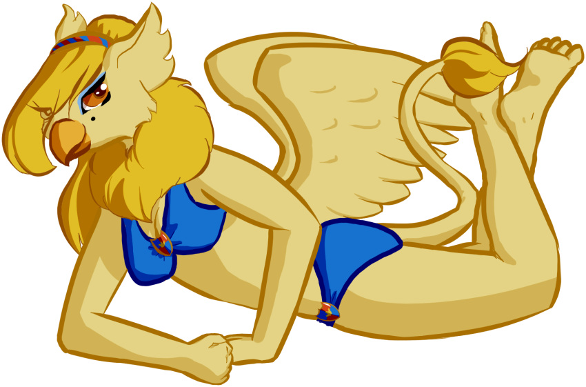 accessory ankles_together anthro arm_support avian bangs beak beauty_mark bikini bikini_bottom bikini_top blonde_hair clothing echoeternal eyeshadow eyrie_(neopets) feet female fur gryphon hair headband hi_res jumpstart_games looking_at_viewer lying makeup mane markings mole_(marking) mythological_avian mythology neopet_(species) neopets on_front solo swimwear tail tail_tuft tuft wings yellow_body yellow_fur