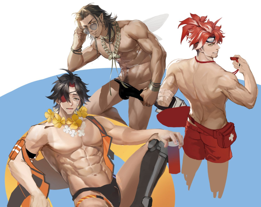 3boys abs adjusting_eyewear alchemy_stars anjingkuxiao bara bare_pectorals black_male_swimwear bulge butt_crack chain_necklace character_request come_hither cropped_legs dark-skinned_male dark_skin eyepatch facial_hair flower flower_necklace goatee highres jewelry large_pectorals lifeguard long_sideburns looking_at_viewer looking_back looking_over_eyewear male_focus male_swimwear male_swimwear_pull mature_male mechanical_legs multiple_boys muscular muscular_male navel navel_hair necklace no_nipples parted_bangs pectorals pointy_ears pulled_by_self red_male_swimwear roy_(alchemy_stars) seductive_smile short_hair sideburns sinsa_(alchemy_stars) sleeveless smile sparse_stubble sunglasses surfboard swim_briefs swim_trunks thick_eyebrows topless_male unfinished whistle whistle_around_neck