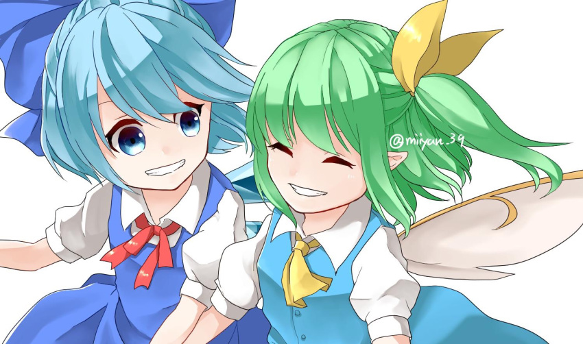 2girls ascot blue_bow blue_dress blue_eyes blue_hair blue_skirt blue_vest bow buttons cirno closed_eyes collared_shirt daiyousei dress fairy_wings green_hair hair_bow ice ice_wings large_bow looking_at_another miyangoroge multiple_girls neck_ribbon one_side_up open_mouth pinafore_dress pointy_ears puffy_short_sleeves puffy_sleeves red_ribbon ribbon shirt short_sleeves shoulder-to-shoulder simple_background skirt sleeveless sleeveless_dress teeth touhou upper_body vest white_background white_shirt wings yellow_ascot