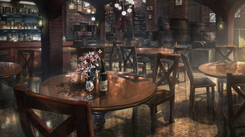 absurdres bar_(place) barrel bottle brick_wall chair chinese_commentary commentary_request crate cup day drinking_glass flower flower_request girls'_frontline grand_piano highres indoors instrument jar manha_utsutsuki no_humans official_art piano picture_frame pink_flower scenery shot_glass stairs table vase wall_lamp wine_bottle wine_glass