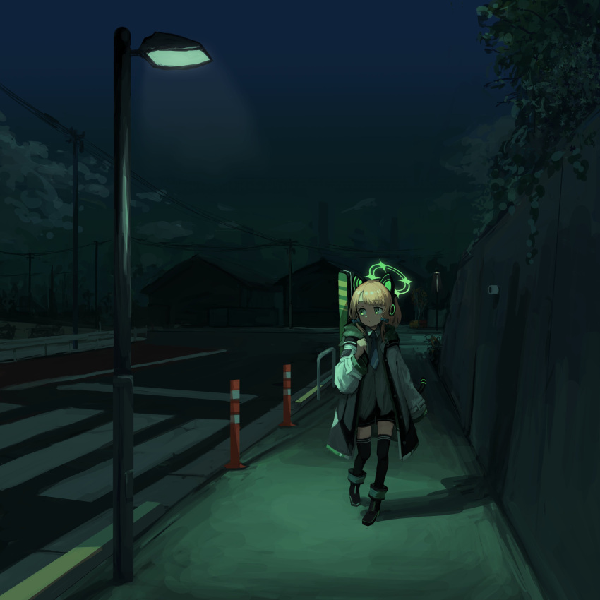 1girl absurdres animal_ear_headphones animal_ears black_footwear black_shorts black_thighhighs blue_archive blue_bow boots bow building cat_ear_headphones closed_mouth cloud coat commentary crosswalk fake_animal_ears green_eyes hair_bow halo hat headphones highres k6tetsu lamppost long_sleeves midori_(blue_archive) night open_clothes open_coat orange_eyes outdoors shadow shorts sidewalk sky solo thighhighs walking
