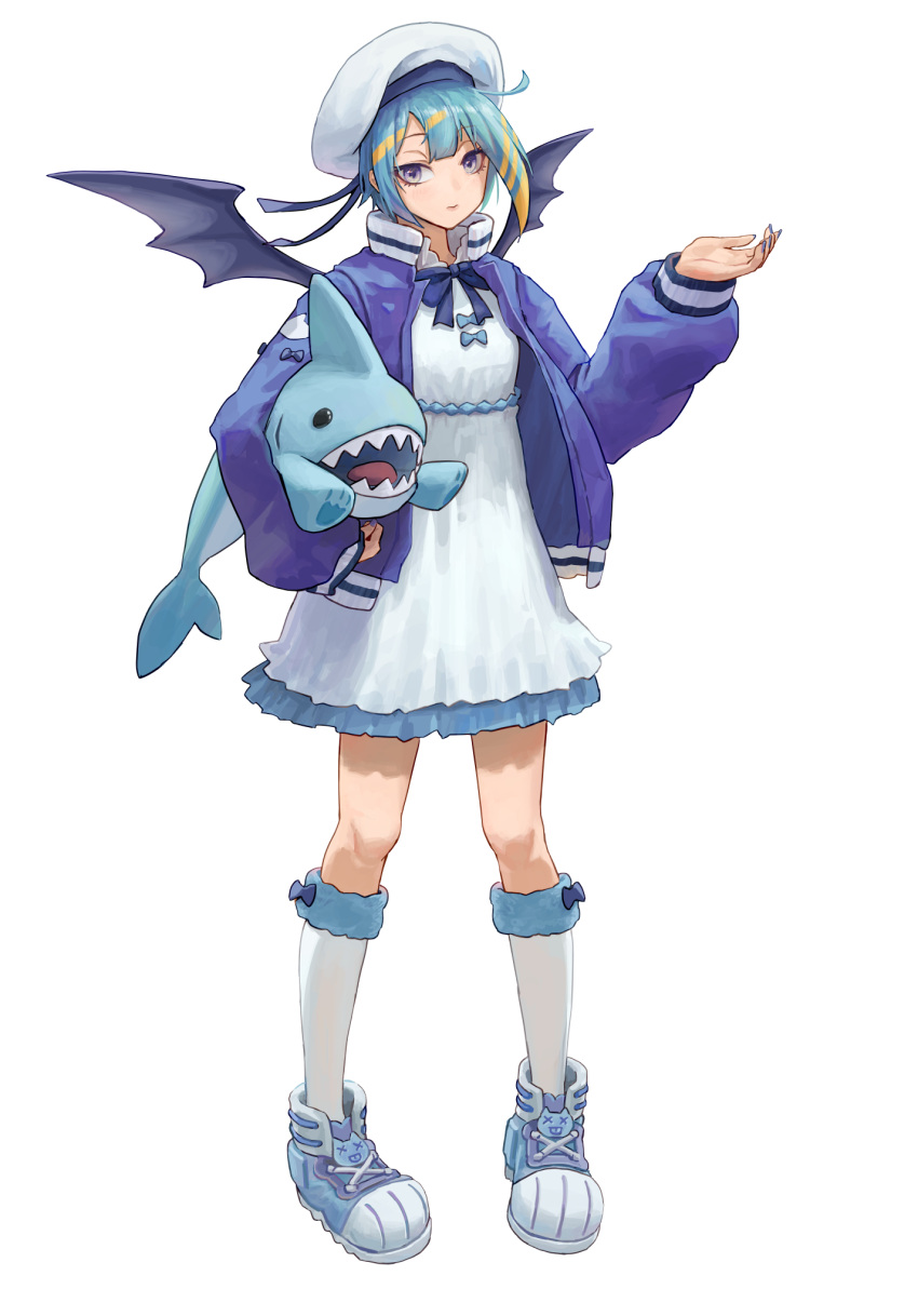 1girl blonde_hair blue_bow blue_footwear blue_hair blue_jacket bow closed_mouth dress full_body fur_trim hand_up hat highres holding holding_stuffed_toy jacket kneehighs lil-la_(yu-gi-oh!) live_twin_lil-la looking_at_viewer mini_wings multicolored_hair naxile purple_eyes sailor_hat short_hair simple_background socks solo standing stuffed_animal stuffed_shark stuffed_toy white_background white_dress wings yu-gi-oh!
