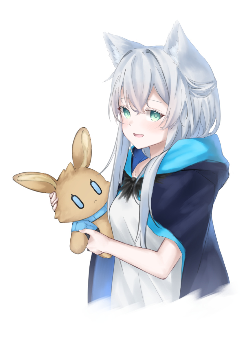 1girl absurdres amiya_(arknights) animal_ear_fluff animal_ears aqua_eyes arknights blue_cape cape cat_ears cat_girl character_doll doll grey_hair highres holding holding_doll hood hood_down hooded_cape long_hair looking_at_viewer rosmontis_(arknights) shirt simple_background stuffed_animal stuffed_rabbit stuffed_toy we_usagi white_background white_shirt