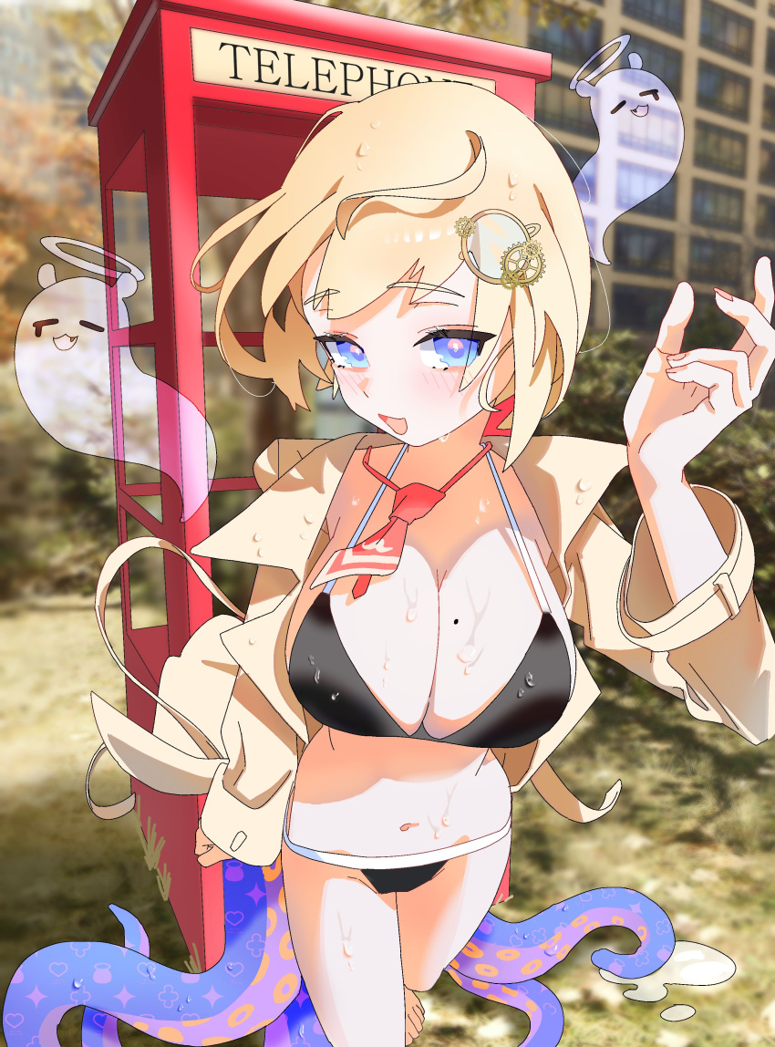 1girl absurdres bikini blonde_hair blue_eyes blush breasts building english_commentary giving_up_the_ghost gurumie hair_ornament halo highres hololive hololive_english mole mole_on_breast navel necktie outdoors phone_booth short_hair sweat swimsuit takodachi_(ninomae_ina'nis) tentacles trench_coat virtual_youtuber watson_amelia