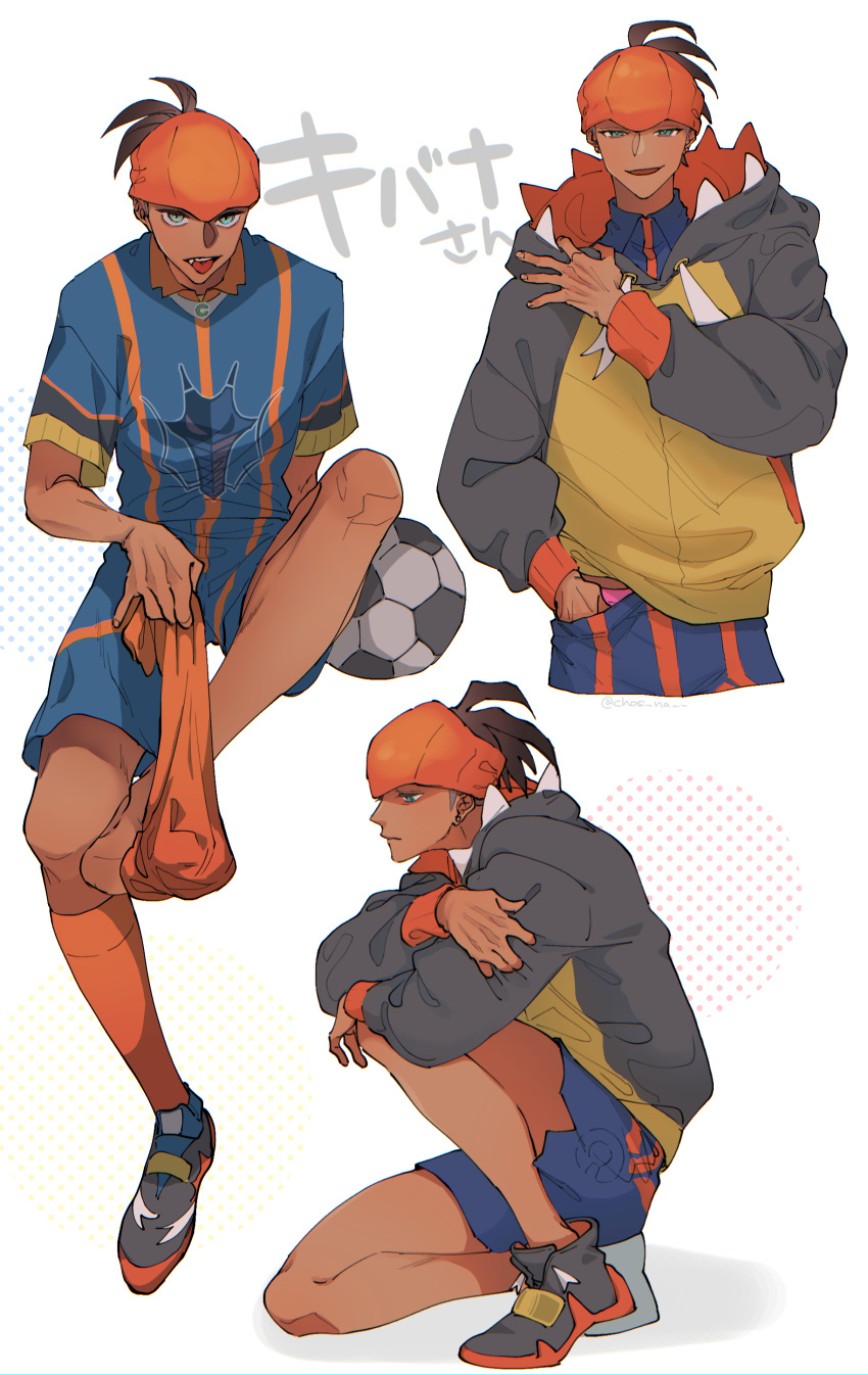 1boy absurdres ball brown_hair character_name closed_mouth collared_shirt commentary_request dark-skinned_male dark_skin earrings hand_up headband highres hood hood_down hoodie jewelry long_sleeves male_focus multiple_views nachos_(chos_na) orange_headband orange_socks pokemon pokemon_(game) pokemon_swsh raihan_(pokemon) shirt shoes short_hair short_sleeves shorts side_slit side_slit_shorts smile soccer_ball socks white_background