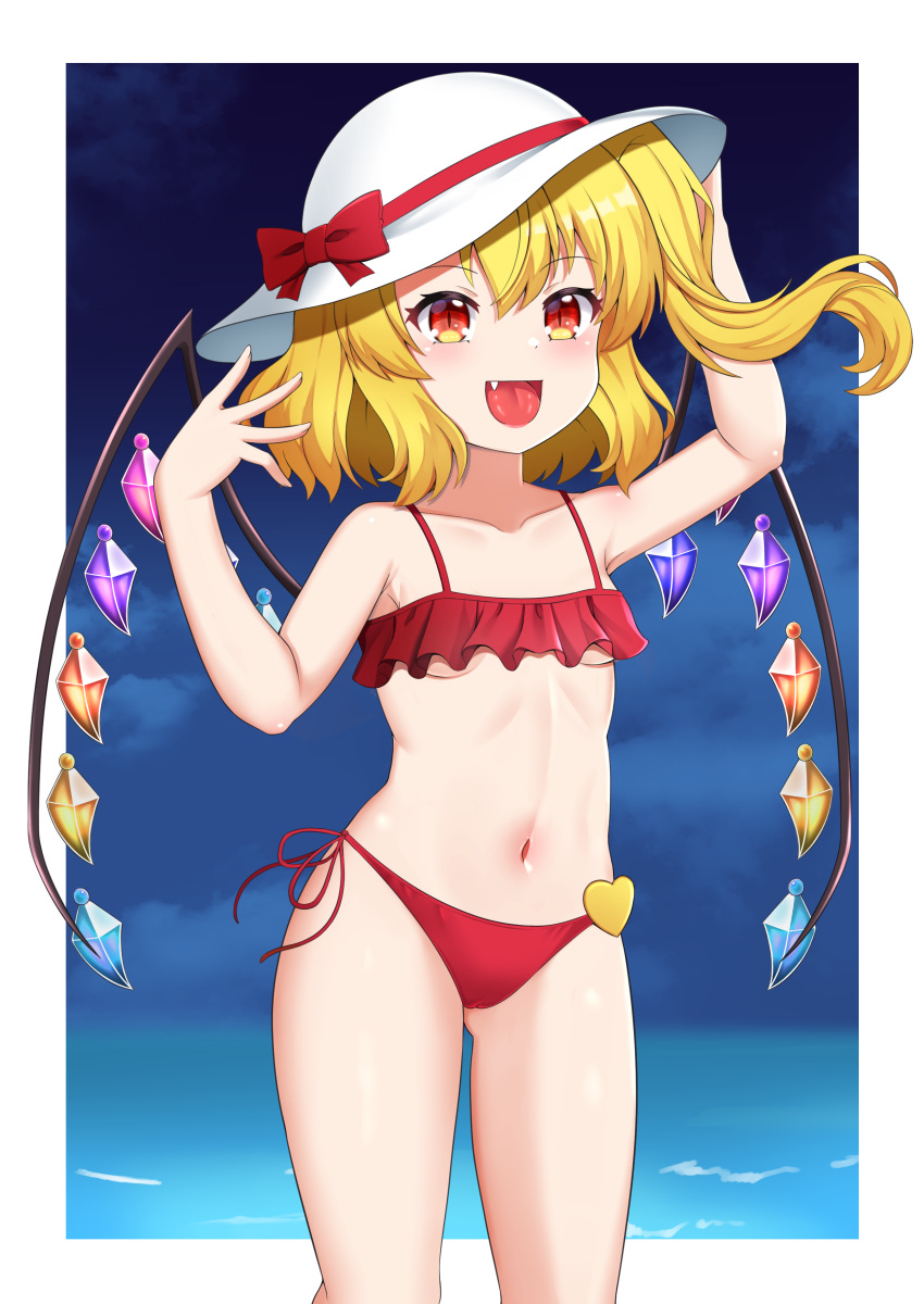 1girl :d absurdres akasaka_sato alternate_costume arms_up blonde_hair blush border breasts collarbone crystal fang flandre_scarlet frills hat heart highres horizon navel one_side_up outdoors outside_border petite red_eyes short_hair sky slit_pupils small_breasts smile solo standing tongue touhou underboob water white_border wings