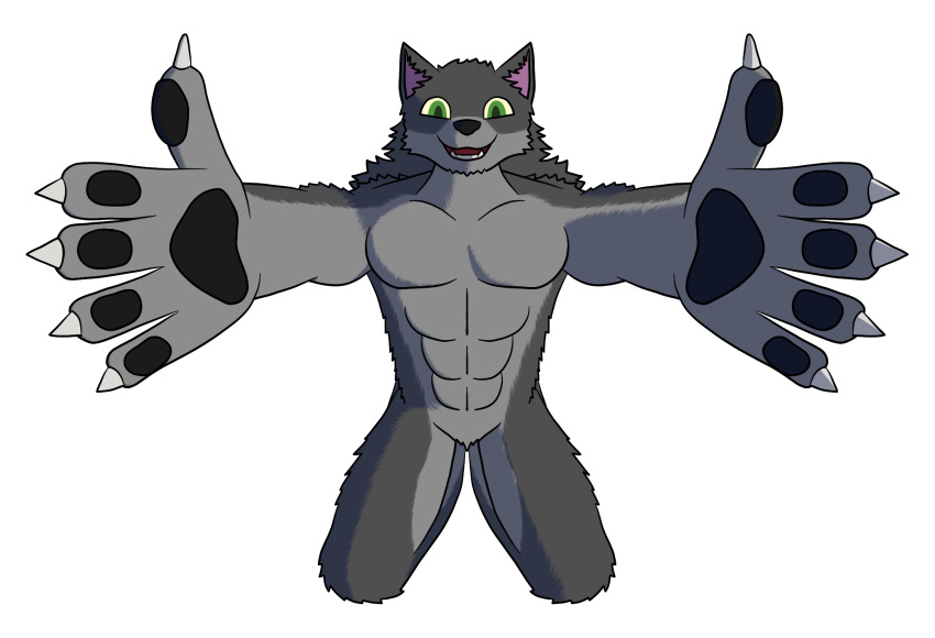 abs anthro black_nose canid canine claws claws_out front_view fur ghatos green_eyes grey_body grey_fur happy hi_res kneeling looking_at_viewer male mammal muscular muscular_anthro offering_hug shaded simple_background smile solo were werecanid werecanine werewolf white_background