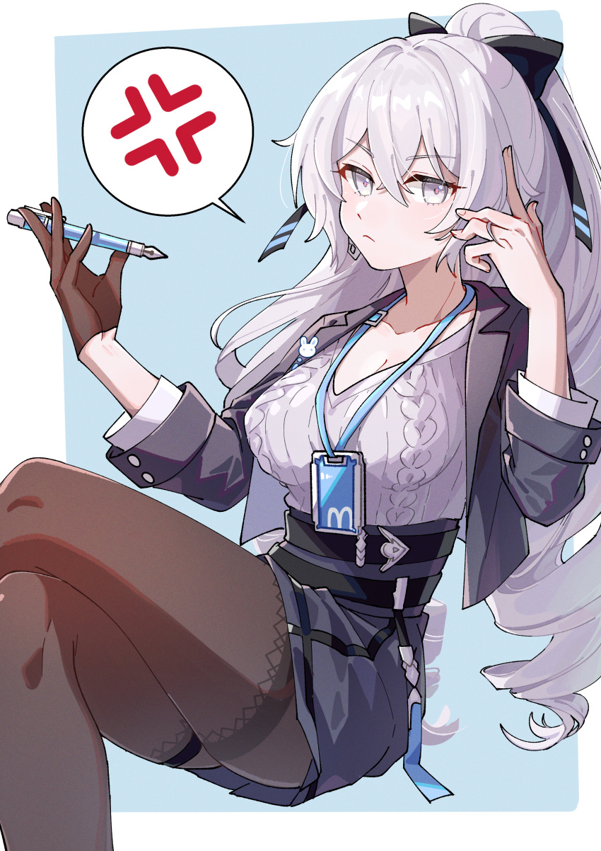 1girl :&lt; absurdres anger_vein annoyed black_gloves black_jacket black_pantyhose black_skirt border bow breasts bronya_zaychik bronya_zaychik_(silverwing:_n-ex) cable_knit chinese_commentary chiwu_fudu_ji_fudu_ji cleavage collarbone commentary_request cropped_jacket crossed_bangs crossed_legs curly_hair drill_hair feet_out_of_frame from_side gloves grey_eyes hair_bow hand_in_own_hair hand_on_own_head hands_up high-waist_skirt highres holding holding_pen honkai_(series) honkai_impact_3rd index_finger_raised invisible_chair jacket lanyard long_hair looking_at_viewer open_clothes open_jacket outside_border pantyhose pen pencil_skirt ponytail single_glove sitting skirt solo spoken_anger_vein sweater twin_drills v-shaped_eyebrows white_border white_hair white_sweater