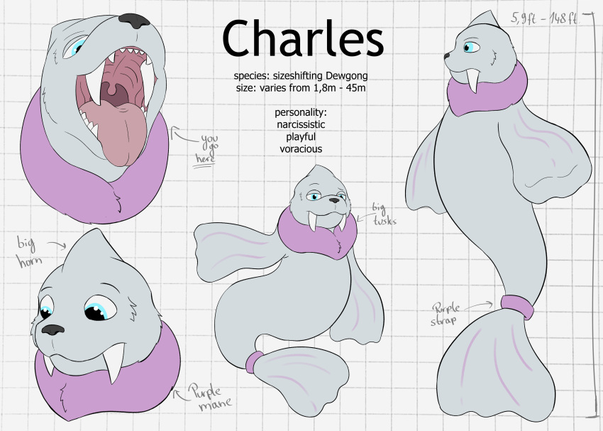 2018 absurd_res charles_(suddendraft) dewgong english_text feral flat_colors fur gaping_mouth generation_1_pokemon geometric_background grey_body grid_background hi_res male model_sheet mouth_shot nintendo open_mouth pattern_background pokemon pokemon_(species) purple_body purple_fur simple_background solo suddendraft text tongue tongue_out uvula