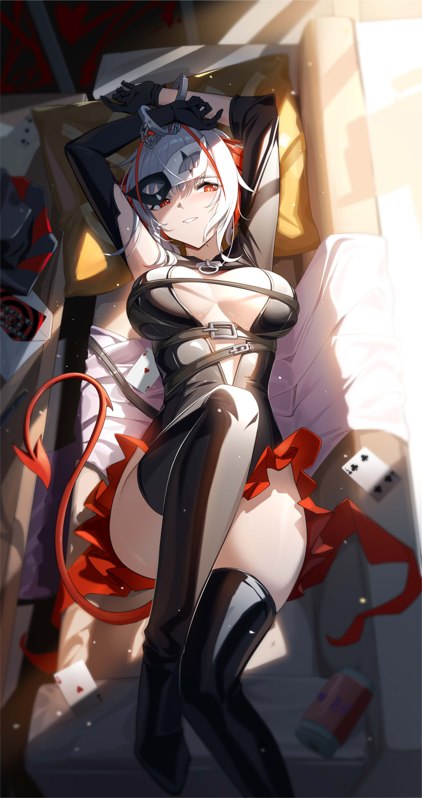1girl absurdres ambience_synesthesia antenna_hair arknights arms_up black_footwear black_gloves black_thighhighs boots breasts card couch cuffs demon_girl demon_horns demon_tail eye_mask gloves grey_hair handcuffs highres horns large_breasts looking_at_viewer lying on_back on_couch red_eyes shenqi_xiao_hong_zai_nali short_hair smile solo tail thigh_boots thighhighs w_(arknights)