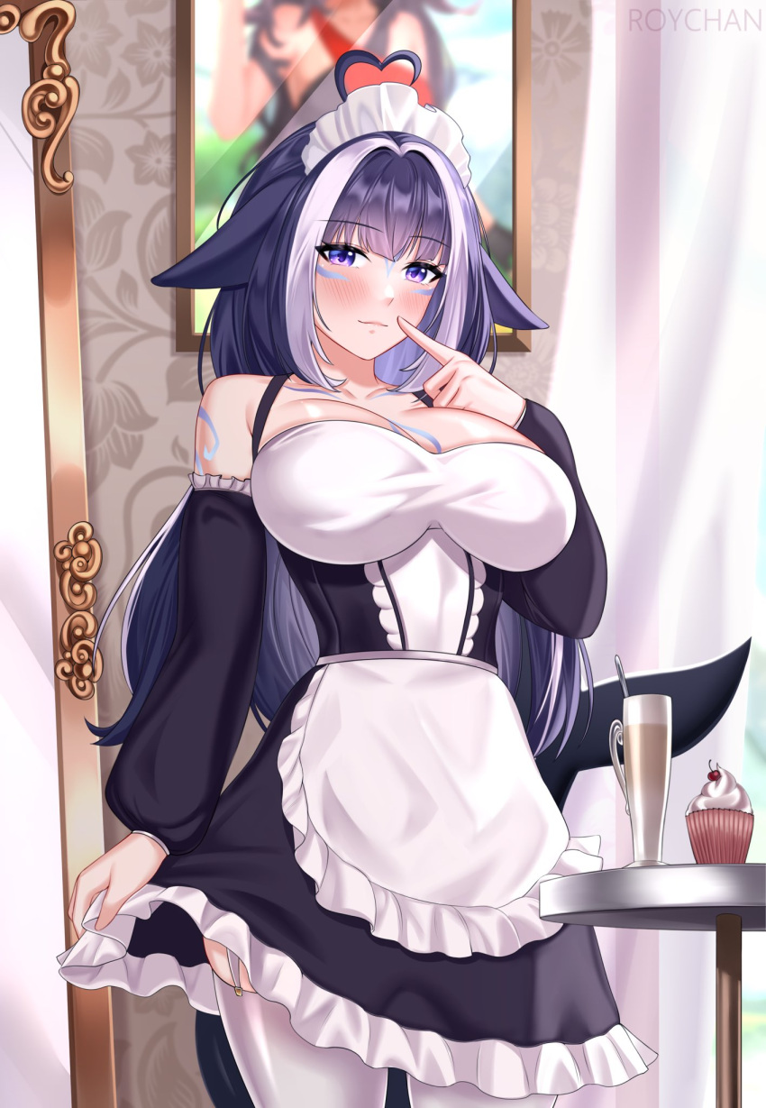 1girl ahoge alternate_costume bare_shoulders blush body_markings breasts cetacean_tail chest_tattoo cleavage closed_mouth cowboy_shot enmaided facial_tattoo fins fish_tail garter_straps heart heart_ahoge highres indie_virtual_youtuber indoors large_breasts large_pectorals looking_at_viewer maid multicolored_hair orca_girl pectorals pointing pointing_at_self purple_eyes purple_hair roychan_art shylily skirt_hold smile solo streaked_hair table tail tattoo thighhighs virtual_youtuber whale_girl