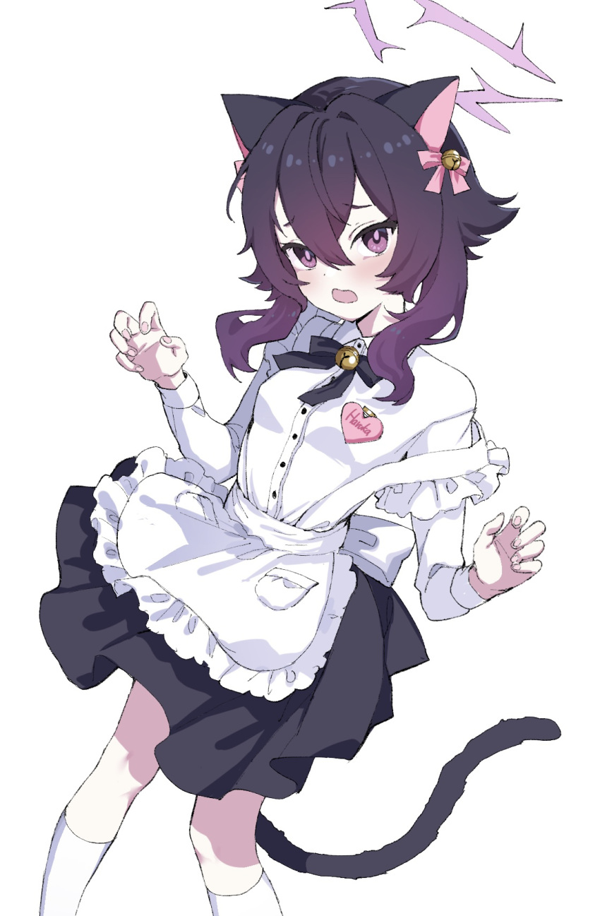 1girl animal_ears apron black_footwear black_skirt blue_archive blush cat_ears cat_tail collared_shirt cropped feet_out_of_frame frilled_apron frills hair_between_eyes halo haruka_(blue_archive) highres inchore long_sleeves looking_at_viewer medium_hair open_mouth purple_eyes purple_hair purple_halo shirt shoes skirt solo tail thighhighs white_apron white_shirt white_thighhighs