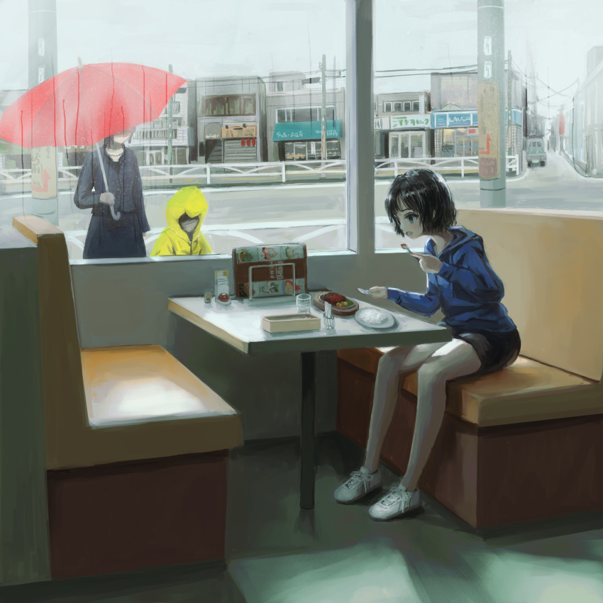 1other 2girls absurdres black_eyes black_hair black_shorts blue_hoodie diner eating food fork highres holding holding_fork hood hoodie multiple_girls okura_lino open_mouth original plate short_hair shorts sitting table umbrella white_footwear window yellow_raincoat