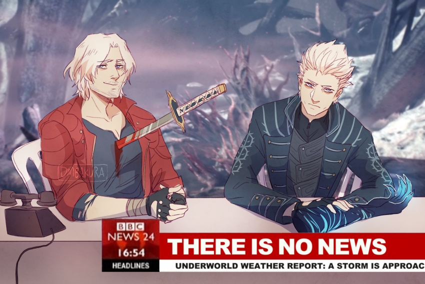 2boys absurdres bbc_(broadcaster) beard black_gloves black_shirt blood blood_on_weapon blue_eyes blue_jacket blue_vest brothers closed_mouth dante_(devil_may_cry) devil_may_cry_(series) devil_may_cry_5 dmbakura english_text facial_hair fingerless_gloves gloves highres jacket katana long_sleeves looking_at_viewer male_focus multiple_boys phone red_jacket shirt short_hair siblings sleeves_rolled_up smile stab sword upper_body vergil_(devil_may_cry) vest weapon white_hair yamato_(sword)