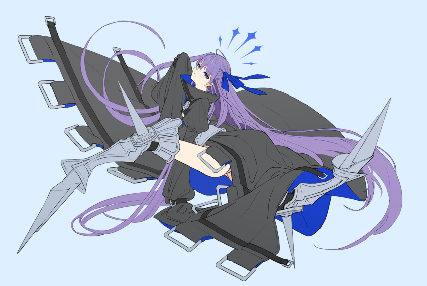 1girl armored_boots blue_eyes blue_ribbon boots bow choker closed_mouth fate/extra fate/extra_ccc fate/grand_order fate_(series) hair_ribbon long_hair long_sleeves looking_at_viewer meltryllis_(fate) prosthesis prosthetic_leg purple_hair ribbon sleeves_past_fingers sleeves_past_wrists solo thighs very_long_hair wada_arco