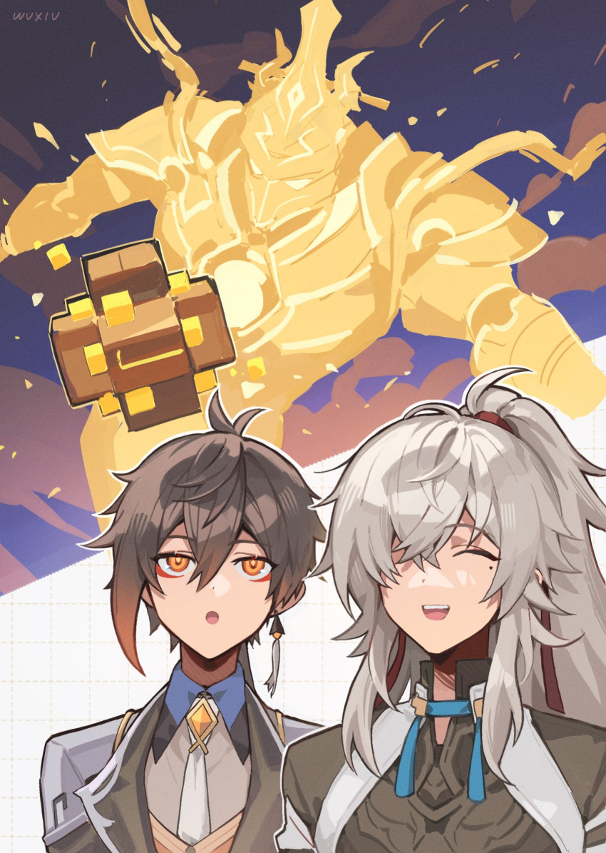 2boys black_hair brown_hair closed_eyes coat crossover earrings english_commentary genshin_impact gradient_hair grey_hair hair_between_eyes hair_over_one_eye highres honkai:_star_rail honkai_(series) jewelry jing_yuan long_hair male_focus mole mole_under_eye multicolored_hair multiple_boys necktie open_mouth orange_eyes ponytail single_earring tassel tassel_earrings upper_body white_necktie xiu_xxx_wu zhongli_(genshin_impact)