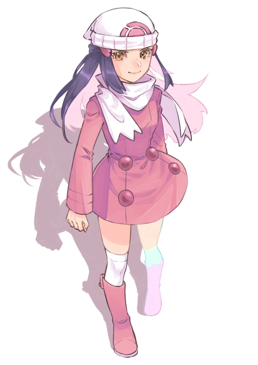 1girl ayan_ip beanie black_hair boots buttons closed_mouth coat commentary dawn_(pokemon) eyelashes full_body hair_ornament hairclip hat highres long_hair long_sleeves looking_at_viewer over-kneehighs pink_coat pink_footwear pokemon pokemon_adventures scarf sidelocks smile solo standing thighhighs white_background white_headwear white_scarf yellow_eyes