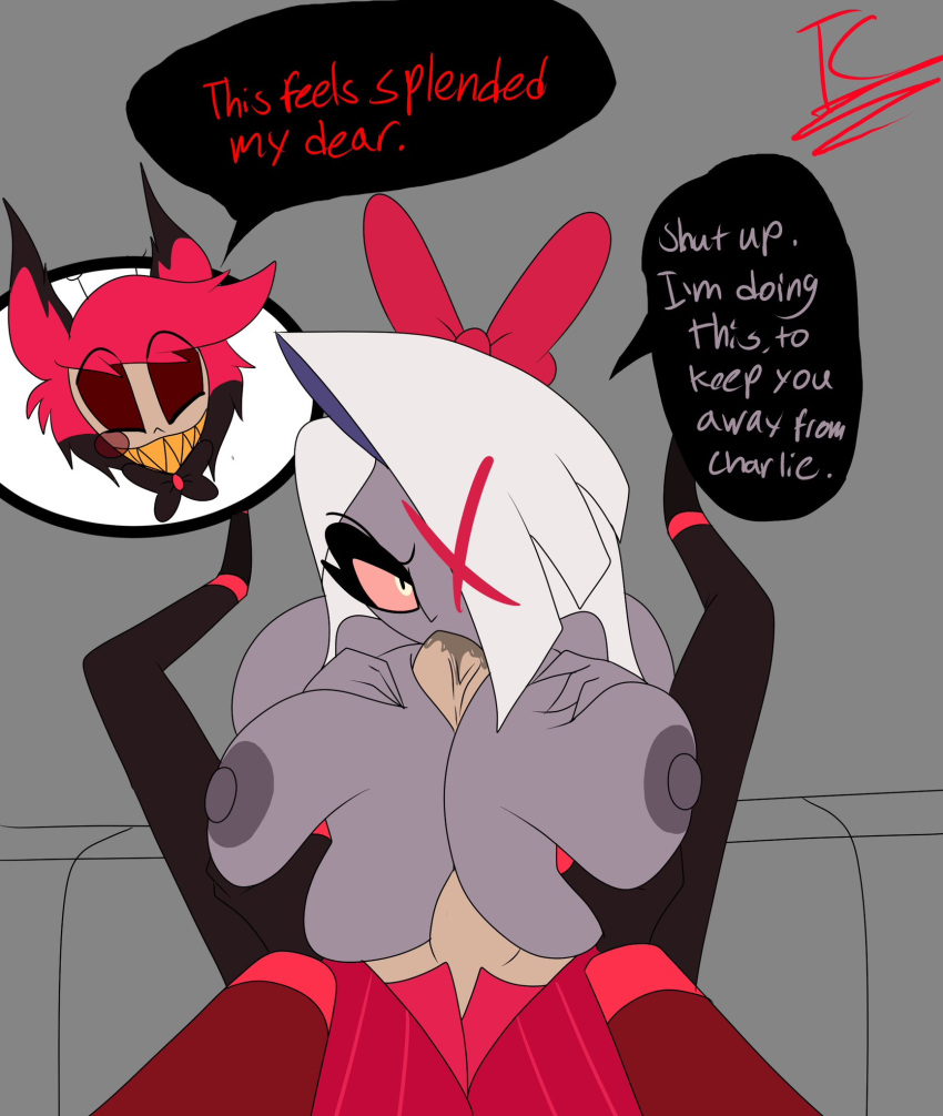 2023 alastor_(hazbin_hotel) big_breasts big_butt bodily_fluids breast_play breasts butt deer demon demon_humanoid duo erection female first_person_view genitals grey_body hair hazbin_hotel hi_res horn humanoid looking_pleasured male male/female male_pov mammal nipples nsfwtheodore nude open_mouth penis red_hair saliva sex simple_background thick_thighs titfuck vaggie_(hazbin_hotel) vein veiny_penis white_hair wide_hips