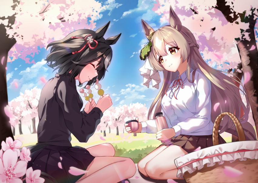 2girls animal_ears black_hair black_skirt blue_sky brown_eyes brown_hair casual cherry_blossoms closed_eyes commentary_request dango day food hair_ornament hanami highres holding holding_food holding_thermos horse_ears horse_girl kitasan_black_(umamusume) long_hair long_sleeves multiple_girls neck_ribbon outdoors petals picnic picnic_basket pleated_skirt ribbon sanshoku_dango satono_diamond_(umamusume) seiza sitting skirt sky sunny_(20597521) thermos umamusume wagashi wariza