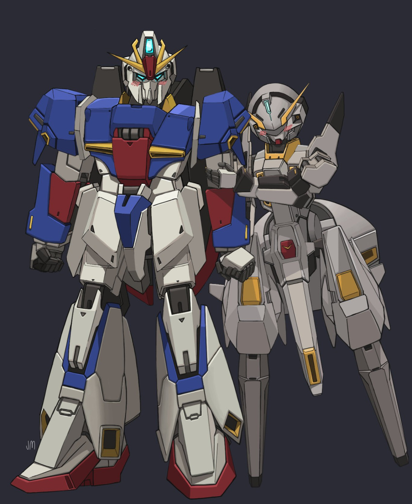 advance_of_zeta blue_eyes blush clenched_hand commission doodlebird14 full_body grey_background gundam hand_on_another's_arm highres holding_hands leaning_to_the_side mecha mobile_suit no_humans robot science_fiction simple_background standing tr-6_woundwort v-fin zeta_gundam zeta_gundam_(mobile_suit)