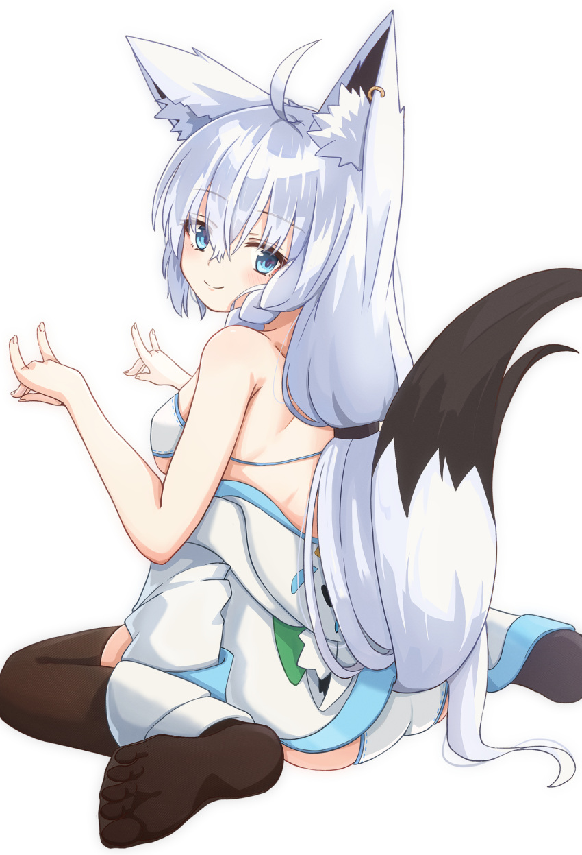 1girl ahoge animal_ear_fluff animal_ears bikini black_thighhighs blush braid commentary_request double_fox_shadow_puppet earrings elumina1213 fox_ears fox_girl fox_shadow_puppet fox_tail green_eyes hair_between_eyes highres hololive hood hoodie jewelry long_hair looking_at_viewer looking_back shirakami_fubuki sidelocks simple_background single_braid sitting smile solo swimsuit tail thighhighs virtual_youtuber wariza white_background white_bikini white_hair white_hoodie