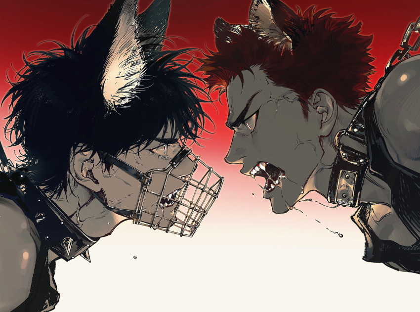 2boys angry animal_collar animal_ears bare_shoulders bdsm black_hair chain chain_leash chimmyming collar dog_boy dog_ears drooling extra_ears eye_contact face-to-face fangs from_side gradient_background highres kemonomimi_mode leash leash_pull looking_at_another male_focus multiple_boys muzzle open_mouth portrait profile red_background red_eyes red_hair rukawa_kaede sakuragi_hanamichi saliva short_hair slam_dunk_(series) sleeveless spiked_collar spikes tank_top veins