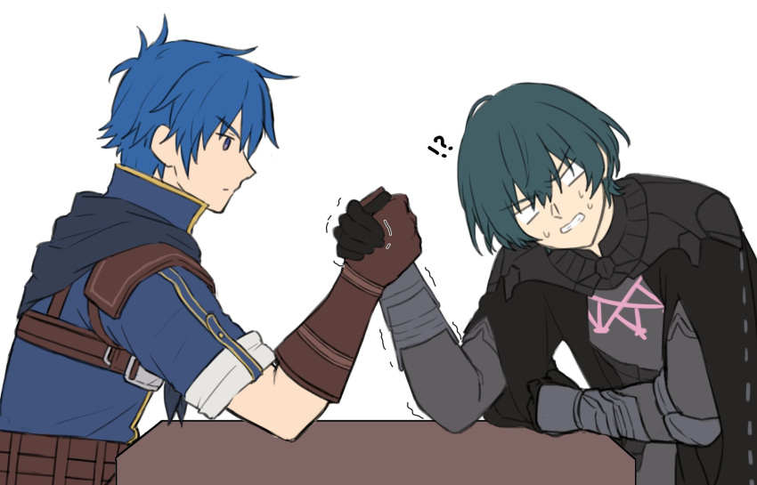 !? 2boys arm_wrestling blue_hair byleth_(fire_emblem) clenched_teeth commentary_request fire_emblem fire_emblem:_mystery_of_the_emblem fire_emblem:_three_houses fire_emblem_heroes gloves grey_hair hand_on_table highres kris_(fire_emblem) long_sleeves multiple_boys short_hair short_sleeves simple_background struggling sweat sweatdrop table teeth trembling white_background zuzu_(ywpd8853)