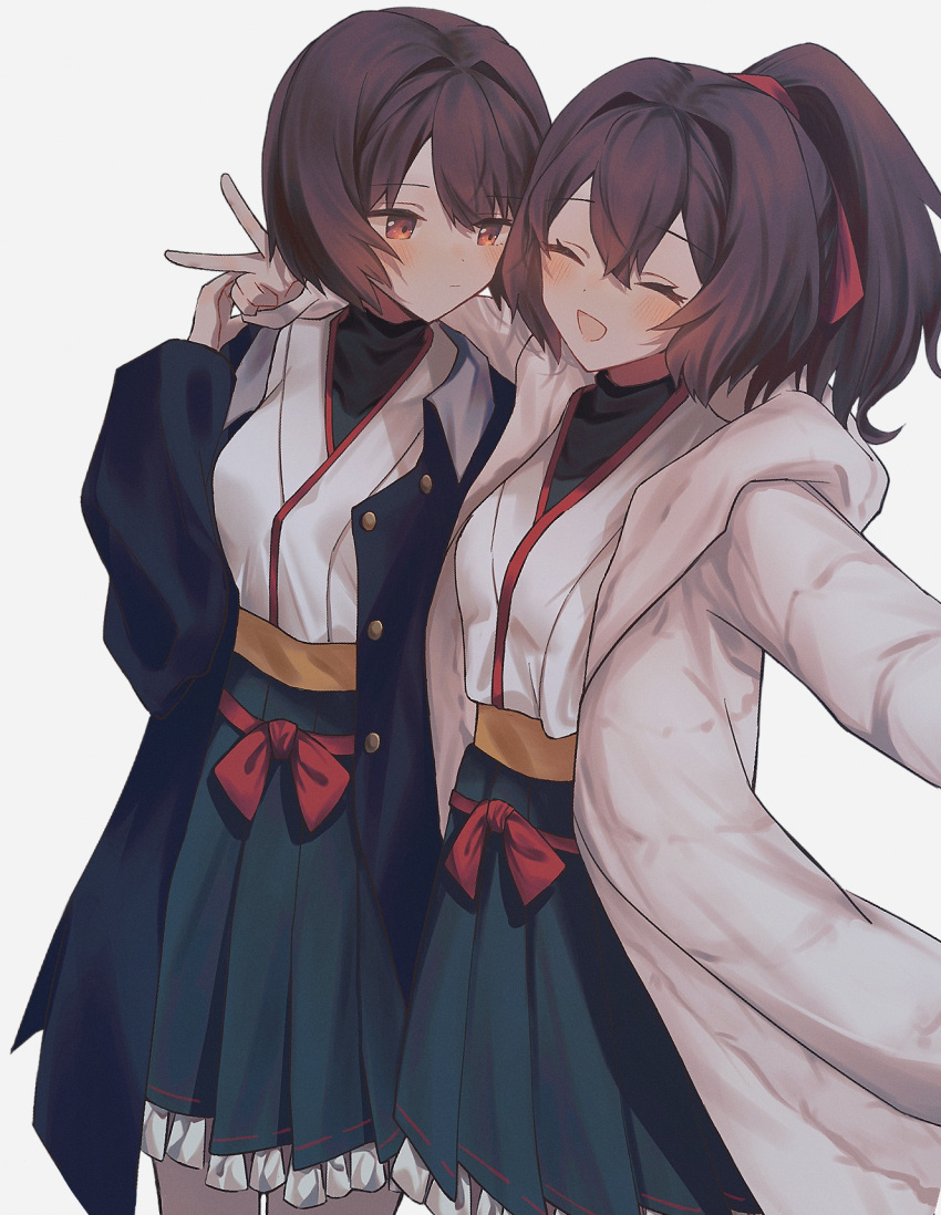 2girls ^_^ black_coat blush brown_eyes brown_hair closed_eyes coat cowboy_shot frilled_skirt frills green_skirt hair_between_eyes hair_ribbon highres hyuuga_(kancolle) ise_(kancolle) kantai_collection kazeshio looking_at_another multiple_girls nontraditional_miko open_mouth ponytail ribbon short_hair simple_background skirt white_background white_coat