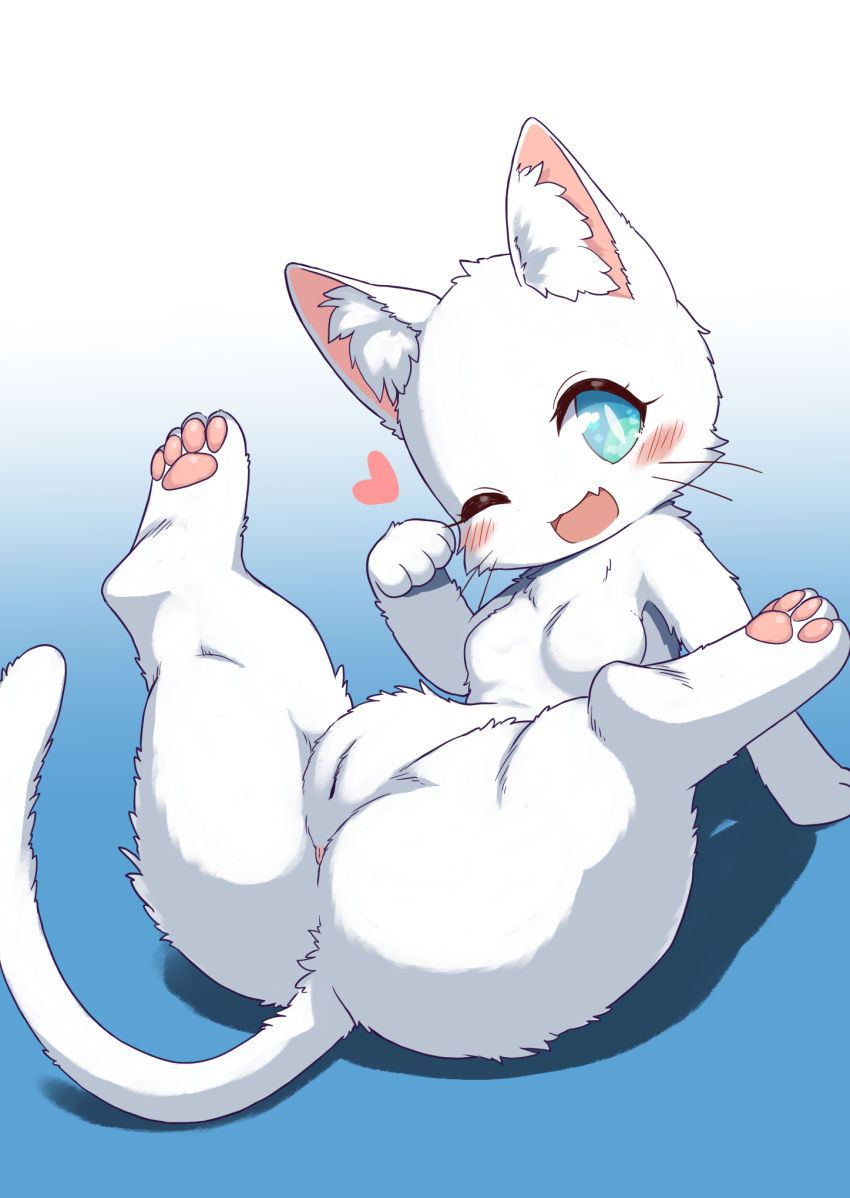 &lt;3 2023 4_toes anus arm_support blue_eyes blush blush_lines breasts busty_feral butt cute_fangs digital_media_(artwork) domestic_cat feet felid feline felis female feral fluffy fur genitals happy hi_res inner_ear_fluff kemono koorinezumi legs_up looking_at_viewer lying mammal on_back one_eye_closed open_mouth open_smile paw_pose pawpads paws pose pussy small_breasts smile smiling_at_viewer solo spread_legs spreading tail toes tongue tuft whiskers white_body white_fur wink