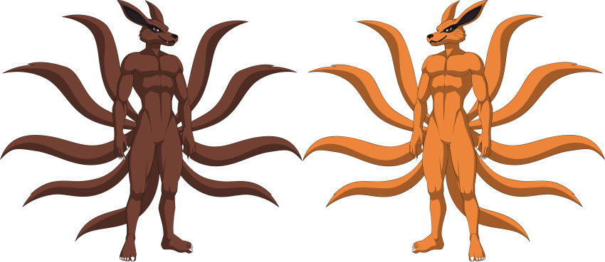 5_fingers 5_toes absurd_res anthro demon duo feet fingers fox_spirit hi_res humanoid humanoid_feet humanoid_hands kurama male model_sheet naruto plantigrade sparksstars tailed_beast toes yang-kurama yin-kurama