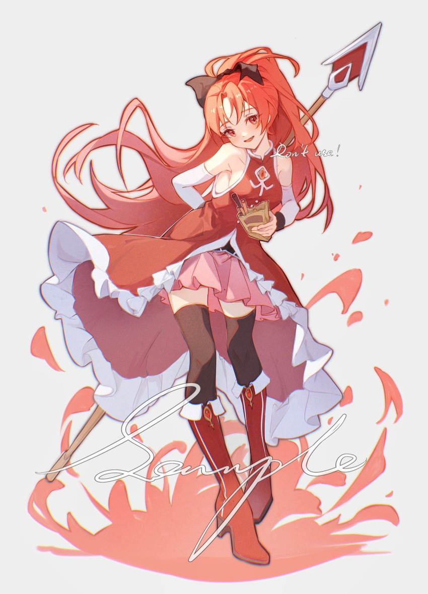 1girl black_ribbon black_thighhighs blush boots cloudyman food full_body high_ponytail highres holding holding_polearm holding_weapon long_hair looking_at_viewer magical_girl mahou_shoujo_madoka_magica mahou_shoujo_madoka_magica_(anime) pink_skirt pocky polearm red_eyes red_hair ribbon sakura_kyoko skirt solo soul_gem spear thighhighs very_long_hair weapon