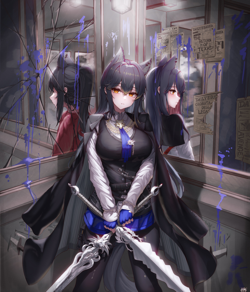 1girl absurdres animal_ears arknights black_capelet black_hair black_pantyhose black_vest blue_gloves blue_necktie blue_shorts blush breasts capelet closed_mouth different_reflection dual_wielding fingerless_gloves gloves highres holding holding_sword holding_weapon indoors large_breasts lilac_(k32420276) long_hair long_sleeves looking_at_viewer mirror necktie official_alternate_costume orange_eyes pantyhose pantyhose_under_shorts ponytail red_shirt reflection shirt shorts solo standing sword tail texas_(arknights) texas_(willpower)_(arknights) texas_the_omertosa_(arknights) vest weapon white_shirt wolf_ears wolf_girl wolf_tail