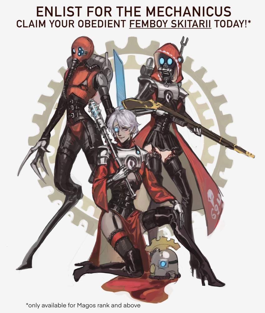 3boys adeptus_mechanicus black_dress black_footwear boots celestial_fang closed_mouth crossdressing dress full_body grey_eyes grey_hair gun helmet high_heel_boots high_heels highres holding holding_gun holding_mace holding_weapon kneeling looking_at_viewer mask multiple_boys on_one_knee otoko_no_ko poster_(medium) propaganda red_robe robe science_fiction short_hair smile standing thigh_boots warhammer_40k weapon white_background