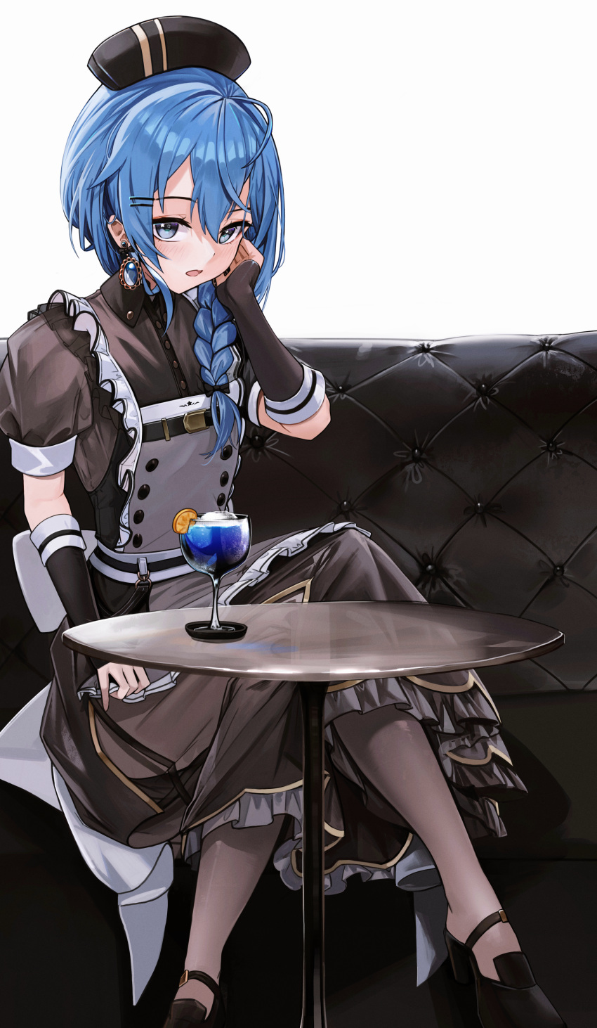 1girl absurdres anizi apron black_dress black_gloves black_headwear black_pantyhose blue_eyes blue_hair braid buttons chest_belt cocktail cocktail_glass coffee_table collared_dress couch cropped cup double-breasted double-parted_bangs dress drinking_glass elbow_gloves fingerless_gloves gloves grey_apron hair_between_eyes hair_ornament hair_over_shoulder hair_tucking hairclip hat highres hololive hoshimachi_suisei hoshimachi_suisei_(6th_costume) long_hair looking_at_viewer maid nurse_cap official_alternate_costume official_alternate_hairstyle on_couch open_mouth pantyhose puffy_short_sleeves puffy_sleeves see-through see-through_sleeves short_sleeves side_braid side_slit single_braid sitting solo star_(symbol) star_in_eye strappy_heels symbol_in_eye table virtual_youtuber