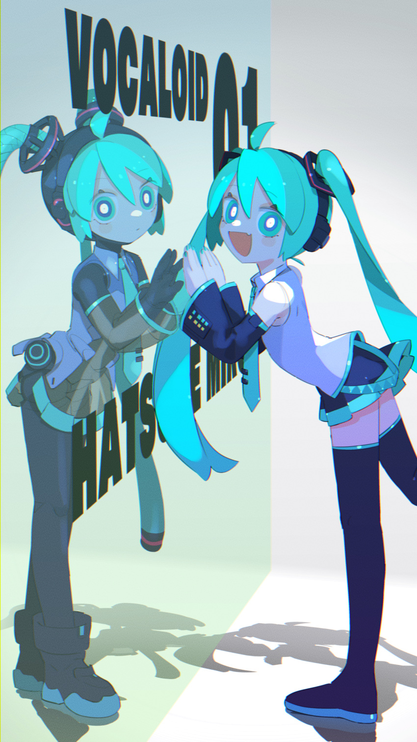 2girls absurdres ahoge android aqua_hair aqua_nails black_footwear black_skirt blush_stickers boots bright_pupils cable character_name cheri_zao commentary copyright_name detached_sleeves dual_persona fang from_side hair_ornament hands_up hatsune_miku hatsune_miku_(vocaloid3) headphones highres joints leaning_forward looking_at_viewer looking_to_the_side mechanical_parts miniskirt multiple_girls open_mouth pleated_skirt robot_joints see-through see-through_skirt see-through_sleeves skin_fang skirt smile thigh_boots twintails vocaloid white_pupils wide-eyed zettai_ryouiki