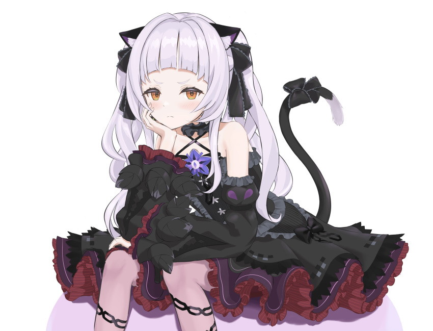 &gt;:( 1girl animal_ears arched_bangs bare_shoulders black_dress black_sleeves blush bow brooch brown_eyes cat_ears cat_girl cat_tail chain_print choker commentary_request criss-cross_halter detached_sleeves dress dress_bow flat_chest frilled_choker frilled_dress frills frown gothic_lolita grey_hair hair_ribbon halter_dress halterneck highres hololive jewelry layered_dress lolita_fashion long_hair looking_at_viewer murasaki_shion murasaki_shion_(5th_costume) official_alternate_costume pantyhose print_legwear purple_pantyhose ribbon short_dress short_eyebrows sidelocks simple_background sitting sleeveless sleeveless_dress solo star_(symbol) star_brooch tail tail_bow tail_ornament toge_delta twintails v-shaped_eyebrows virtual_youtuber white_background wide_sleeves