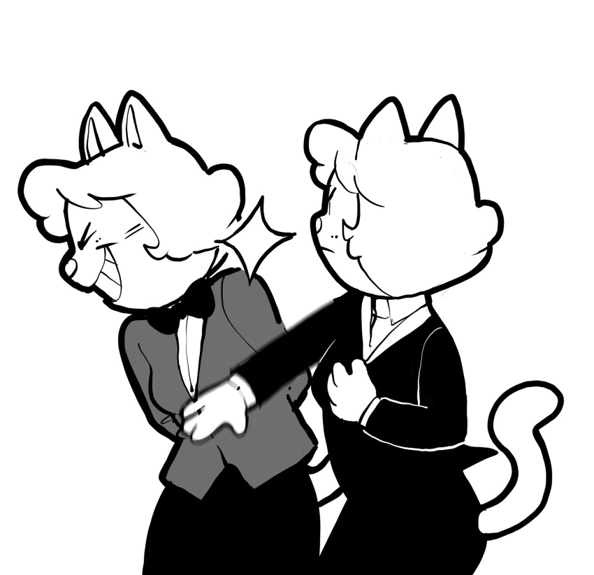 amy_(creator_ant) anthro black_and_white clothed clothing creator_ant domestic_cat duo felid feline felis female hair hi_res mammal meme monochrome short_hair simple_background slap suit tail will_smith_slapping_chris_rock