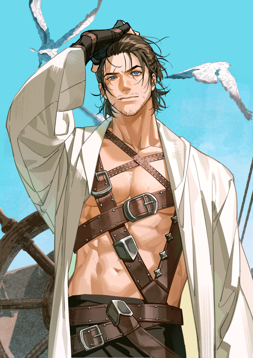 1boy absurdres adventurer_(ff14) bara black_hair blue_eyes blue_sky fan_mu_zhang final_fantasy final_fantasy_xiv highres hyur long_hair male_focus muscular muscular_male scar sky smile warrior_of_light_(ff14)