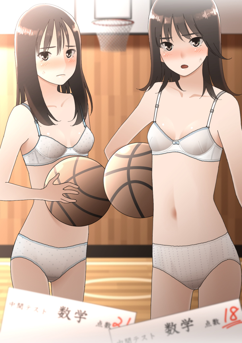 2girls ball bare_shoulders basketball basketball_(object) basketball_court basketball_hoop blurry blurry_background blush bra breasts brown_eyes brown_hair closed_mouth collarbone commentary cowboy_shot frown hair_between_eyes highres holding holding_ball light_frown long_hair midriff multiple_girls navel nose_blush open_mouth original panties paper pen-racket polka_dot polka_dot_bra polka_dot_panties pov side-by-side simple_background small_breasts standing sweatdrop test_score_(paper) thigh_gap translated underwear underwear_only white_bra white_panties wooden_floor wooden_wall