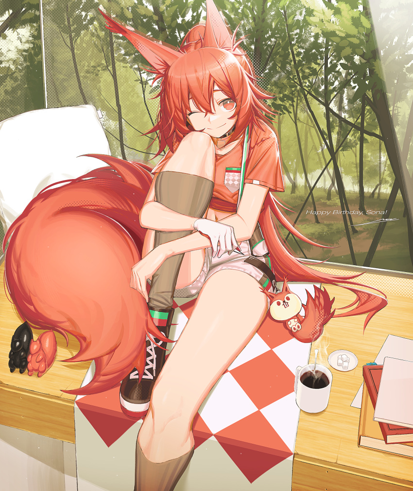 1girl ;) absurdres animal_ears arknights black_choker black_footwear book choker commentary_request crop_top cup flametail_(arknights) flametail_(sport_for_all)_(arknights) foot_out_of_frame highres knee_up large_tail long_hair looking_at_viewer midriff mug navel official_alternate_costume one_eye_closed orange_eyes orange_hair orange_shirt shirt shoes short_shorts shorts signal_1120 smile solo squirrel_ears squirrel_tail sugar_cube tail thighs very_long_hair white_shorts