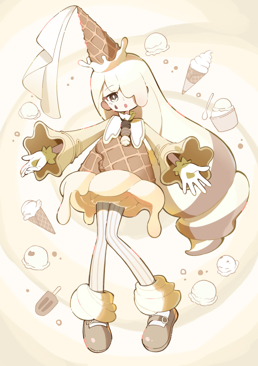 1girl absurdres bright_pupils brown_dress brown_eyes brown_footwear commentary_request dress dripping food food-themed_clothes full_body gaogao_(gaogaomegu) gloves hair_over_one_eye highres ice_cream ice_cream_cone jitome knees_together_feet_apart long_hair long_sleeves looking_at_viewer open_mouth original personification pinstripe_pattern popsicle solo spoon striped teardrop_facial_mark very_long_hair white_gloves white_pupils wide_sleeves yellow_sleeves