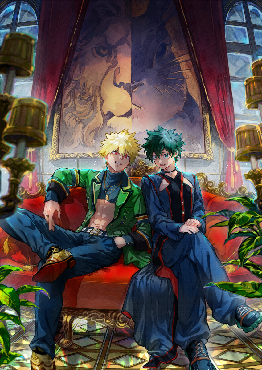 2boys abs absurdres alternate_costume aqua_eyes arm_rest bakugou_katsuki belt belt_buckle blonde_hair blue_pants blue_shirt blurry blurry_foreground boku_no_hero_academia buckle buttons candelabra candlestand check_clothing clip_studio_paint_(medium) clothing_request colored_shoe_soles commentary_request couch criss-cross_halter cropped_shirt cross-laced_footwear cushion depth_of_field dress_shoes fashion figure_four_sitting film_grain freckles full_body gold_necklace green_hair hair_between_eyes halterneck hand_in_pocket hand_on_hand hand_on_own_knee hand_up highres indoors jacket jewelry kawaharaaisu kikkoumon lapels leaf leaning_back light lion looking_at_viewer male_focus midoriya_izuku midriff multiple_boys multiple_necklaces multiple_rings navel necklace notched_lapels on_couch open_clothes open_jacket open_mouth own_hands_together painting_(object) pants partial_commentary pendant photoshop_(medium) picture_(object) picture_frame plant puffy_pants rabbit red_curtains red_eyes ring scowl shadow shirt shoe_soles shoes short_hair shrug_(clothing) side-by-side sitting sleeve_cuffs smile sneakers spiked_hair stomach teeth thumb_ring toned toned_male turning_head turtleneck unmoving_pattern upper_teeth_only v_arms white_belt window yellow_footwear