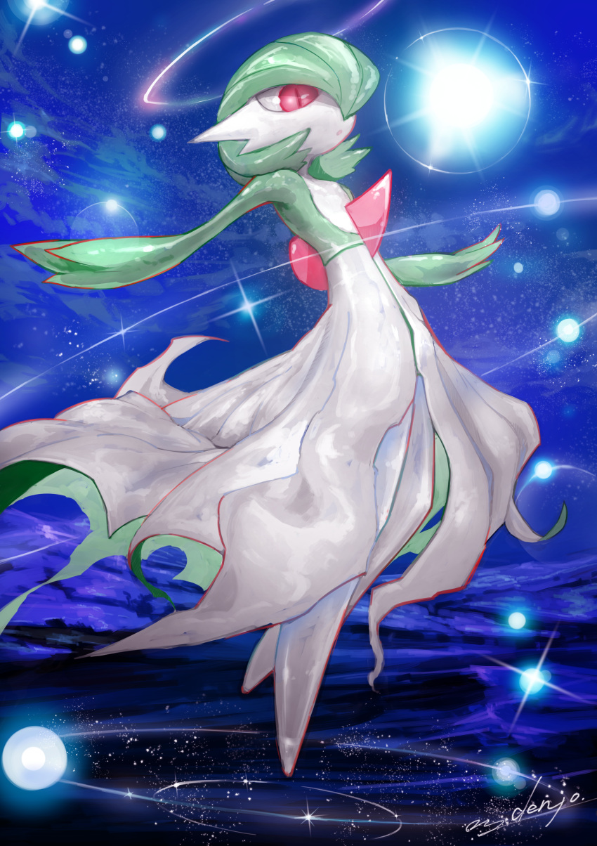 1girl absurdres artist_name blue_background bob_cut colored_skin commentary denjyou23 flat_chest floating full_body gardevoir green_hair green_skin hair_over_one_eye halo highres moonblast_(pokemon) multicolored_skin one_eye_covered open_mouth outstretched_arms pokemon pokemon_(creature) pokemon_move red_eyes short_hair signature solo sparkle spread_arms two-tone_skin white_skin