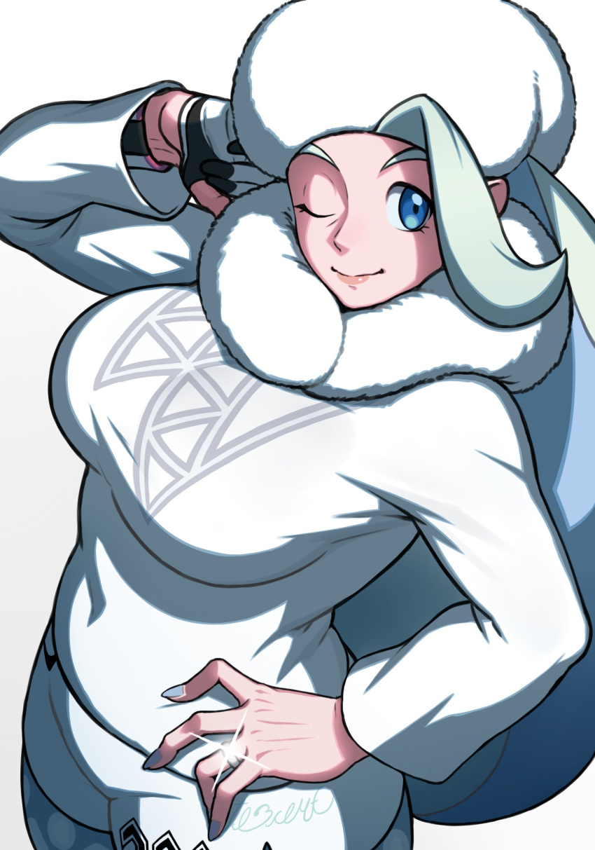 1girl arm_behind_head bite_addict blonde_hair blue_eyes breasts fur_collar fur_hat hand_on_own_hip hat highres jewelry large_breasts long_hair long_sleeves mature_female melony_(pokemon) multicolored_hair one_eye_closed pantyhose_under_shorts pokemon pokemon_(game) pokemon_swsh ring shorts solo streaked_hair sweater ushanka wedding_ring white_shorts white_sweater