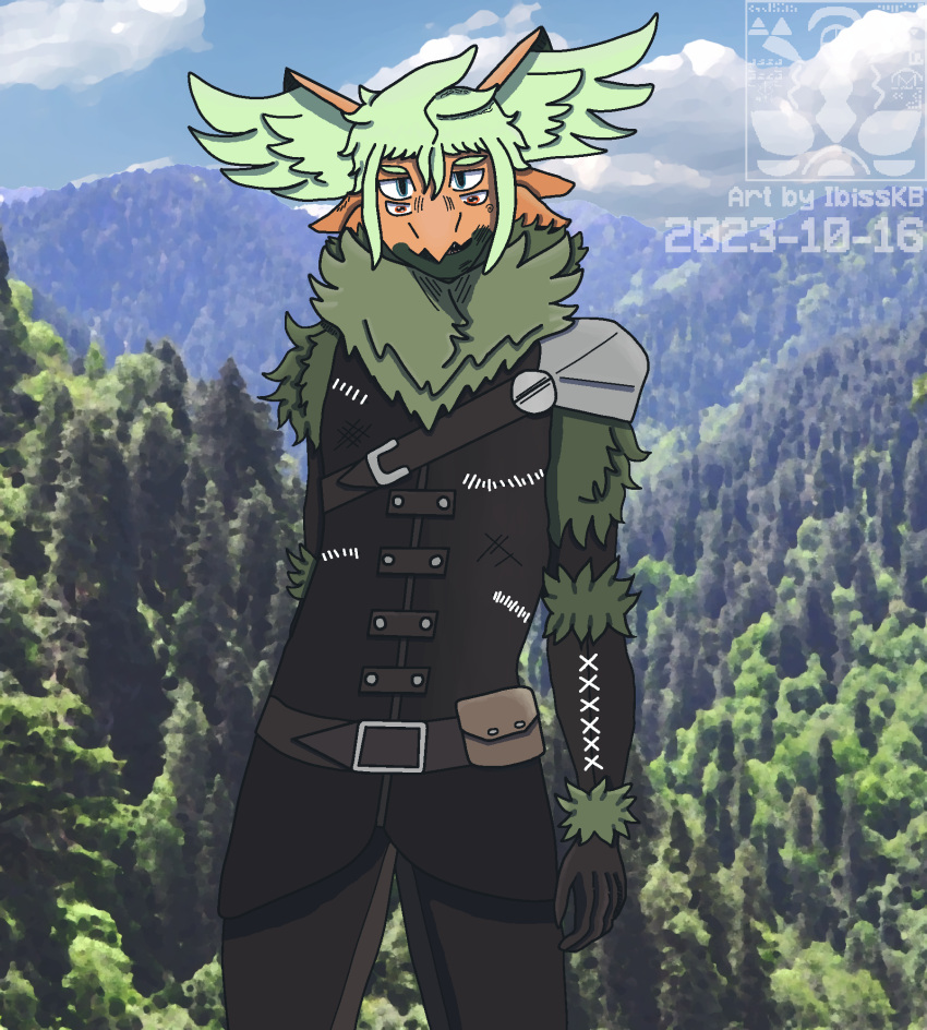 2023 4_eyes alien amphibian anthro arecibo_message armor artist_logo axolotl belt belt_buckle blue_eyes clothed clothing cloudscape felid feline forest forest_background fully_clothed fully_clothed_anthro fully_clothed_male fur fur_clothing fur_collar gloves green_hair hair handwear hi_res hybrid ibiss ibisskb inner_ear_fluff leather leather_clothing leather_pouch light_armor logo looking_at_viewer male mammal marine medieval_armor medieval_clothing medieval_fantasy mole_salamander mountain mountain_range multi_eye nature nature_background orange_body orange_eyes orange_skin outside pauldron plant reptile salamander scalie scratches sky slightly_open_mouth solo spiky_hair stitch_(sewing) tree tuft watermark winter_clothing