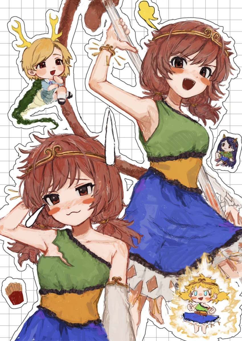 3girls b_nosk101 black_hair blonde_hair blue_dress blue_eyes blue_shirt blue_shorts blush_stickers brown_eyes brown_hair circlet closed_mouth detached_sleeves dragon_ball dragon_horns dragon_tail dress green_dress green_shirt green_skirt highres horns kicchou_yachie long_hair low_twintails monkey_tail multicolored_clothes multicolored_dress multiple_girls multiple_views nippaku_zanmu oni_horns open_mouth parody red_eyes ruyi_jingu_bang shirt short_hair shorts single_detached_sleeve skirt smile son_biten super_saiyan tail touhou turtle_shell twintails unfinished_dream_of_all_living_ghost white_sleeves yellow_dress yellow_horns