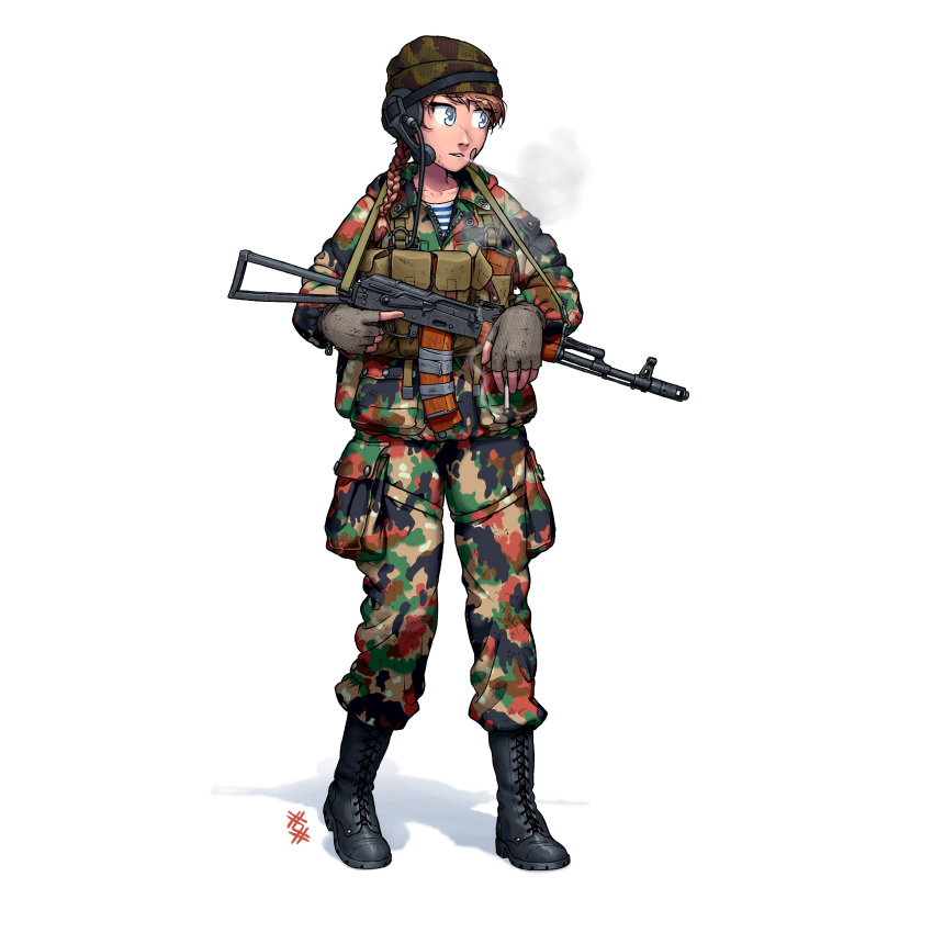 1girl absurdres ammunition_pouch assault_rifle bandaid beanie black_footwear blowing_smoke blue_eyes boots braid braided_ponytail brown_hair camouflage camouflage_headwear camouflage_jacket camouflage_pants cigarette combat_boots cross-laced_footwear english_commentary fingerless_gloves folding_stock full_body gloves gun gun_sling hair_over_shoulder hat headphones headset highres holding holding_cigarette holding_gun holding_weapon jacket kalashnikov_rifle lace-up_boots load_bearing_vest long_hair long_sleeves looking_to_the_side military military_uniform open_mouth original ostwindprojekt pants paratrooper partially_unzipped pouch rifle russia scar scar_on_face scar_on_nose shirt simple_background single_braid smoke smoking soldier solo soviet soviet_air_force soviet_army standing striped striped_shirt telnyashka trigger_discipline uniform vdv weapon weapon_request white_background zipper